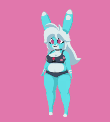 Size: 540x600 | Tagged: safe, artist:atelierbunny, lagomorph, mammal, rabbit, anthro, 3d, 3d animation, animated, bipedal, bra, breasts, cleavage, clothes, cyan fur, female, gif, hair, hands, looking at you, panties, pink background, purple eyes, simple background, slightly chubby, smiling, solo, solo female, underwear, waving, white hair