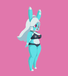 Size: 540x600 | Tagged: safe, artist:atelierbunny, lagomorph, mammal, rabbit, anthro, 3d, 3d animation, animated, bipedal, bra, breasts, cleavage, clothes, cyan fur, female, gif, hair, hands, looking at you, panties, pink background, purple eyes, short tail, simple background, smiling, solo, solo female, spinning, tail, turnaround, two toned body, underwear, white hair