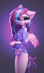 Size: 2424x4007 | Tagged: safe, artist:fardros, princess flurry heart (mlp), alicorn, equine, fictional species, mammal, pony, anthro, friendship is magic, hasbro, my little pony, anthrofied, clothes, female, gradient background, lidded eyes, looking at you, panties, pink wings, shirt, smiling, solo, solo female, spread wings, tail, topwear, underwear, wings