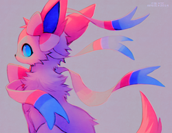 Size: 700x541 | Tagged: safe, artist:falvie, eeveelution, fictional species, mammal, sylveon, feral, nintendo, pokémon, 2014, 2d, ambiguous gender, artist name, back fluff, blue eyes, cheek fluff, chest fluff, color porn, cute, digital art, ear fluff, ears, fluff, fur, gray background, head fluff, long ears, looking back, multicolored body, multicolored fur, neck fluff, no mouth, pink body, pink fur, pink tail, ribbons (body part), side view, signature, simple background, solo, solo ambiguous, tail, tail fluff, two toned body, two toned fur, white body, white fur