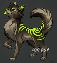 Size: 700x767 | Tagged: safe, artist:falvie, canine, mammal, wolf, feral, 2015, adoptable, ambiguous gender, beanbrows, brown body, brown fur, colored flesh, colored tongue, fluff, fur, gray background, green eyes, green nose, green tongue, paws, quadrupedal, signature, simple background, solo, solo ambiguous, striped fur, tail, tail fluff, tongue, tongue out