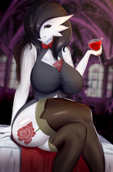 Size: 2100x3200 | Tagged: safe, artist:sana!rpg, fictional species, gardevoir, undead, vampire, anthro, nintendo, pokémon, 2020, alcohol, bed, clothes, crossed legs, drink, female, hand hold, high res, holding, legwear, missing accessory, on bed, solo, solo female, stockings, tattoo, wine, wine glass