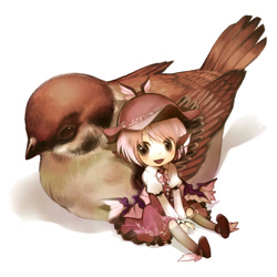Size: 700x700 | Tagged: safe, artist:n:go, mystia lorelei (touhou), animal humanoid, bird, fictional species, mammal, songbird, sparrow, feral, humanoid, touhou, ambiguous gender, bottomwear, clothes, duo, female, hat, skirt, smiling
