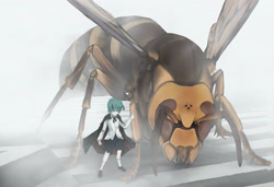 Size: 4617x3161 | Tagged: safe, artist:マスター・621, wriggle nightbug (touhou), animal humanoid, arthropod, fictional species, firefly, hornet, insect, mammal, yokai, feral, humanoid, touhou, 2011, ambiguous gender, antennae, bottomwear, clothes, duo, female, pants, size difference