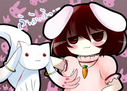 Size: 1400x1000 | Tagged: safe, artist:夢職人, kyubey (madoka), tewi inaba (touhou), alien, animal humanoid, fictional species, incubator (species), lagomorph, mammal, rabbit, feral, humanoid, puella magi madoka magica, touhou, 2011, crossover, duo, female, japanese text, jewelry, male, necklace, this will end in chaos, translation request