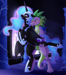 Size: 1239x1413 | Tagged: suggestive, artist:vavacung, nightmare moon (mlp), spike (mlp), alicorn, dragon, equine, fictional species, mammal, pony, anthro, feral, friendship is magic, hasbro, my little pony, anthro on feral, anthro/feral, bestiality, bipedal, black body, black fur, blushing, cutie mark, duo, ethereal mane, featureless crotch, female, fur, hand on neck, helmet, hoof shoes, male, male/female, mare, older, patreon exclusive, shipping, spikemoon (mlp), standing, tail, wings