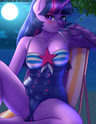 Size: 1243x1600 | Tagged: suggestive, alternate version, artist:twistedscarlett60, twilight sparkle (mlp), alicorn, equine, fictional species, mammal, pony, anthro, plantigrade anthro, friendship is magic, hasbro, my little pony, anthrofied, armpits, beach, biting, blushing, breasts, butt, clothes, digital art, ear fluff, ears, eyelashes, feathers, female, fluff, fur, hair, horn, lip biting, looking at you, moon, multicolored hair, multicolored tail, night, nude beach, ocean, one-piece swimsuit, purple body, purple eyes, purple feathers, purple fur, purple hair, purple tail, shoulder fluff, sitting, solo, solo female, spread legs, swimsuit, tail, thighs, tree, underass, water, wet, wide hips, wings