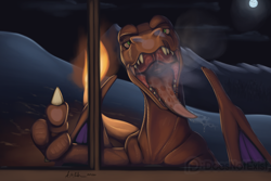Size: 2000x1333 | Tagged: suggestive, artist:doesnotexist, oc, oc:charizard seven, charizard, fictional species, feral, nintendo, pokémon, bedroom eyes, breath, bust, claws, condensation, fangs, fire, flaming tail, front view, glass, kitchen eyes, licking, licking glass, looking at you, mawshot, moon, offscreen character, open mouth, open smile, pointing, pointing at you, pov, scar, sharp teeth, smiling, snow, starter pokémon, tail, teeth, tongue, tongue out, window, wings
