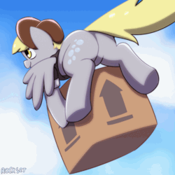 Size: 600x600 | Tagged: source needed, safe, artist:rockset, derpy hooves (mlp), equine, fictional species, mammal, pegasus, pony, feral, friendship is magic, hasbro, my little pony, 2d, 2d animation, animated, box, cute, featureless crotch, female, flying, frame by frame, gif, mailpony, mare, rear view, scene interpretation, solo, solo female, the ass was fat, this side up