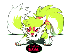 Size: 990x765 | Tagged: safe, artist:falvie, oc, oc:falvie, canine, dog, fionbri, mammal, feral, beanbrows, claws, ears laid back, female, fluff, fur, green body, green fur, head fluff, imminent snuggles, looking at you, monologue, neck fluff, no mouth, red eyes, simple background, solo, solo female, speech bubble, spotted fur, tail, tail fluff, talking, talking to viewer, white background