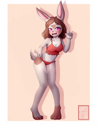 Size: 1006x1280 | Tagged: safe, artist:kurokey, oc, oc only, oc:lindli, lagomorph, mammal, rabbit, anthro, bra, breasts, brown body, brown fur, cleavage, clothes, female, frilly underwear, fur, gray body, gray fur, hair, hand on hip, looking at you, multicolored fur, panties, pink eyes, red hair, solo, solo female, spotted fur, underwear