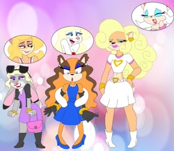 Size: 1280x1110 | Tagged: safe, artist:cottoncattailtoony, coco bandicoot (crash bandicoot), judy hopps (zootopia), minerva mink (animaniacs), rouge the bat (sonic), sticks the badger (sonic), tawna bandicoot (crash bandicoot), badger, bandicoot, bat, lagomorph, mammal, marsupial, mink, mustelid, rabbit, anthro, animaniacs, crash bandicoot (series), disney, sega, sonic boom (series), sonic the hedgehog (series), warner brothers, zootopia, 2020, black eyes, bottomwear, clothes, crossover, cyan eyes, dress, eyes closed, female, females only, green eyes, group, lipstick, makeover, makeup, no pupils, purple eyes, skirt, tomboy taming