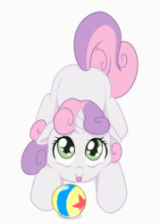 Size: 429x600 | Tagged: safe, artist:dstears, sweetie belle (mlp), equine, fictional species, mammal, pony, unicorn, feral, disney, friendship is magic, hasbro, my little pony, pixar, 2d, 2d animation, :p, animated, ball, behaving like a dog, butt, butt shake, cute, eye shimmer, female, filly, floppy ears, foal, frame by frame, gif, looking at you, looking up, luxo's ball, silly, simple background, solo, solo female, tail, tail wag, tongue, tongue out, white background, wholesome, young