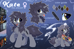 Size: 1280x855 | Tagged: safe, artist:hioshiru, oc, oc only, oc:kate (hioshiru), equine, fictional species, mammal, pony, unicorn, feral, friendship is magic, hasbro, my little pony, 2019, abstract background, bicolor eyes, blep, character name, chest fluff, clothes, color palette, digital art, eye through hair, female, female symbol, fluff, fur, gender symbol, gray body, gray fur, gray hair, hair, horn, magic, magic aura, profile, reference sheet, scarf, side view, sitting, solo, solo female, stylus, tail, tongue, tongue out