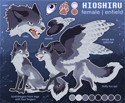 Size: 1280x1059 | Tagged: safe, artist:hioshiru, oc, oc only, oc:hioshiru, bird, canine, enfield, fictional species, fox, mammal, feral, 2019, abstract background, black body, black feathers, black fur, brown nose, butt fluff, character name, cheek fluff, chest fluff, claws, color palette, digital art, ear fluff, ears laid back, eyelashes, fangs, feathered wings, feathers, female, fluff, fur, gray body, gray feathers, gray fur, growling, leg fluff, looking at you, neck fluff, open mouth, paw pads, paws, pink eyes, raised leg, reference sheet, sharp teeth, side view, sitting, solo, solo female, tail, tail fluff, talons, teeth, three-quarter view, tongue, vixen, walking, white outline, wings