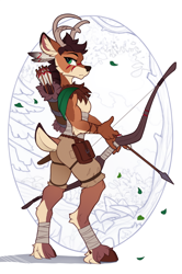 Size: 800x1202 | Tagged: safe, artist:yakovlev-vad, cervid, deer, mammal, anthro, unguligrade anthro, antlers, arrow, bow (weapon), brown body, brown fur, brown hair, butt, clothes, feather, fur, green eyes, hair, hooves, leaf, leg wraps, looking at you, looking back, male, short tail, side view, solo, solo male, tail, tan body, tan fur, unshorn fetlocks, weapon, wraps