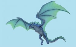 Size: 1280x794 | Tagged: safe, artist:slash0x, oc, oc only, oc:zaruvyen, dragon, fictional species, reptile, wyvern, feral, 2018, blue background, blue body, blue scales, digital art, flying, green body, horns, male, open mouth, reptile feet, scales, sharp teeth, simple background, solo, solo male, spread wings, tail, teeth, tongue, webbed wings, winged arms, wings
