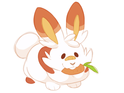 Size: 4000x3000 | Tagged: safe, artist:hiccupsdoesart, fictional species, mammal, scorbunny, feral, nintendo, pokémon, ambiguous gender, buckteeth, carrot, feralized, food, head fluff, herbivore, holding, mouth hold, simple background, smiling, solo, solo ambiguous, starter pokémon, tail, teeth, vegetables, white background