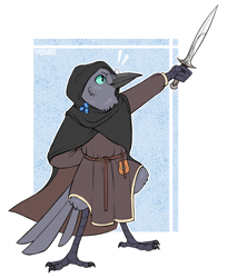 Size: 2500x3067 | Tagged: safe, artist:trickate, oc, oc only, bird, corvid, crow, fictional species, kenku, songbird, anthro, dungeons & dragons, abstract background, beak, blue eyes, claws, clothes, feathers, fluff, glasses, gray feathers, hand behind back, high res, male, neck fluff, round glasses, signature, solo, solo male, talons