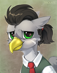 Size: 2142x2719 | Tagged: safe, artist:trickate, oc, oc only, oc:alu, bird, feline, fictional species, gryphon, hybrid, mammal, feral, beak, bust, clothes, feathers, green eyes, hair, high res, looking at you, male, necktie, ponytail, portrait, solo, solo male, wings