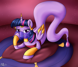 Size: 2300x2000 | Tagged: safe, artist:novaspark, twilight sparkle (mlp), equine, fictional species, genie, genie pony, mammal, monster pony, pony, feral, friendship is magic, hasbro, my little pony, clothes, female, geniefied, high res, looking at you, solo, solo female, veil
