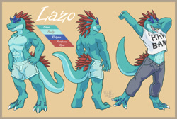 Size: 1107x743 | Tagged: safe, artist:rick griffin, oc, oc only, oc:lazo (metalstorm), allosaurus, dinosaur, reptile, anthro, 2016, abs, bottomwear, claws, clothes, color palette, digital art, feathers, furgonomics, male, muscles, pale belly, pants, partial nudity, rear view, reference sheet, reptile feet, sharp teeth, shirt, shorts, signature, solo, solo male, standing, tail, tail hole, teal body, teeth, topless, topwear