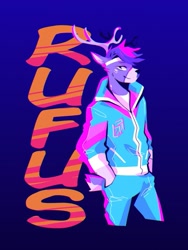 Size: 965x1280 | Tagged: safe, artist:kamenashi, artist:tohfu, oc, oc only, oc:rufus howell, cervid, deer, mammal, sika deer, anthro, 2020, antlers, bottomwear, buck, character name, clothes, digital art, gradient background, hair, jacket, male, pants, profile, short tail, side view, solo, solo male, tail, three-quarter view, topwear