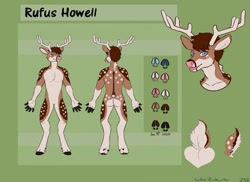 Size: 1280x931 | Tagged: safe, alternate version, artist:inde_milou, oc, oc:rufus howell, cervid, deer, mammal, sika deer, anthro, unguligrade anthro, 2020, abstract background, antlers, areola, blue eyes, brown body, brown fur, brown hair, buck, butt, character name, cloven hooves, color palette, colored sclera, featureless crotch, front view, fur, hair, hoofprint, hooves, male, pink nose, rear view, reference sheet, short tail, signature, solo, solo male, spotted fur, standing, tail, tan body, tan fur, three-quarter view