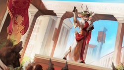 Size: 1280x720 | Tagged: safe, artist:zephra, oc, oc:rufus howell, canine, cervid, deer, mammal, sika deer, anthro, unguligrade anthro, 16:9, 2020, ancient rome, antlers, banner, blue eyes, book, brown body, brown fur, building, city, clothes, cloven hooves, column, digital art, digital painting, ear fluff, ear tuft, fluff, fur, group, hooves, male, male focus, outdoors, raised hand, robe, short tail, sky, solo focus, spotted fur, tail, video in the description, white body, white fur, wreath