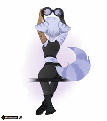 Size: 2459x2797 | Tagged: safe, artist:freeedon, rivet (r&c), fictional species, lombax, mammal, anthro, plantigrade anthro, ratchet & clank, 2020, boots, bottomwear, clothes, crop top, digital art, female, goggles, high res, midriff, pants, patreon logo, rear view, shirt, shoes, sitting, solo, solo female, topwear