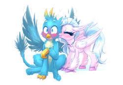 Size: 1280x884 | Tagged: safe, artist:confetticakez, gallus (mlp), silverstream (mlp), bird, equine, feline, fictional species, gryphon, hippogriff, mammal, feral, friendship is magic, hasbro, my little pony, blushing, female, gallstream (mlp), jewelry, kiss on the cheek, kissing, male, male/female, necklace, shipping, simple background, white background