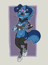 Size: 955x1280 | Tagged: safe, artist:reign-2004, oc, oc only, canine, dog, mammal, robot, anthro, digitigrade anthro, 2018, abstract background, blue body, blue eyes, blue fur, bottomless, breasts, cleavage, clothes, digital art, female, fluff, fur, gray sclera, legwear, looking at you, multicolored fur, neck fluff, nudity, partial nudity, solo, solo female, tail, thigh highs, topwear