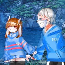 Size: 768x768 | Tagged: safe, artist:micii, frisk (undertale), sans (undertale), bovid, goat, human, mammal, anthro, undertale, alternate universe, clothes, cute, female, frans (undertale), holding, holding hands, hoodie, human/anthro, interspecies, male, male/female, mask, shipping, smiling, species swap, sweater, topwear