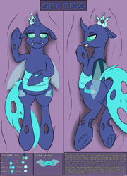Size: 2300x3200 | Tagged: safe, artist:novaspark, oc, oc only, oc:sektiss, arthropod, changeling, equine, fictional species, feral, friendship is magic, hasbro, my little pony, armpits, belly, body pillow, butt, crown, fangs, high res, jewelry, pillow, reference sheet, regalia, sharp teeth, slightly chubby, solo, teeth