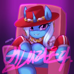 Size: 2800x2800 | Tagged: safe, artist:maren, trixie (mlp), equine, fictional species, mammal, pony, unicorn, feral, friendship is magic, hasbro, my little pony, album art, clothes, cover art, cutie mark, female, hat, high res, hooves, horn, korean text, looking at you, magenta eyes, signature, sitting, smiling, smiling at you, solo, solo female, translation request