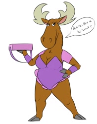 Size: 1004x1280 | Tagged: suggestive, artist:noodlestoat, becky (johnny bravo), cervid, mammal, moose, anthro, cartoon network, johnny bravo (series), antlers, armwear, bag, bedroom eyes, breasts, cleavage, clothes, dialogue, female, hand on hip, holding object, hooves, leotard, outfit, simple background, smiling, solo, solo female, speech bubble, talking, waitress, white background
