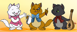 Size: 1760x729 | Tagged: safe, artist:scorpio-gustavo, berlioz (the aristocats), marie (the aristocats), toulouse (the aristocats), cat, feline, mammal, anthro, disney, robin hood (disney), the aristocats, 2d, female, kitten, male, young