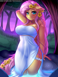 Size: 1200x1600 | Tagged: safe, alternate version, artist:twistedscarlett60, fluttershy (mlp), equine, fictional species, mammal, pegasus, pony, anthro, friendship is magic, hasbro, my little pony, 2019, anthrofied, arms behind head, bath, big breasts, blushing, breasts, chest fluff, clothes, cutie mark, detailed background, digital art, dress, ear fluff, ears, eyelashes, feathers, female, flower, flower in hair, flower in tail, fluff, forest, fur, hair, hair accessory, looking at you, mare, open mouth, pink hair, pink tail, pool, side slit, solo, solo female, tail, teal eyes, thighs, tree, water, wet, white dress, wide hips, wings, yellow body, yellow feathers, yellow fur