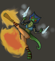 Size: 1614x1785 | Tagged: safe, artist:kuroneko, furbooru exclusive, oc, oc only, oc:sha-iva, argonian, fictional species, reptile, anthro, the elder scrolls, clothes, digital art, female, fire, fireball, gray background, ice, kicking, magic, sandals, shoes, simple background, solo, solo female