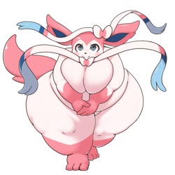 Size: 1280x1280 | Tagged: suggestive, artist:x_no_na_x, eeveelution, fictional species, mammal, sylveon, anthro, nintendo, pokémon, 2017, blue eyes, breast squish, breasts, digital art, fat, fat fetish, featureless breasts, female, fur, huge breasts, hyper, looking at you, morbidly obese, multicolored fur, obese, pink body, pink fur, simple background, smiling, smiling at you, solo, solo female, white background, white body, white fur, wide hips