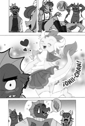 Size: 1500x2213 | Tagged: suggestive, artist:boastudio, garble (mlp), prominence (mlp), smolder (mlp), dragon, fictional species, western dragon, anthro, comic:hooves & fins, friendship is magic, hasbro, my little pony, bloodstone scepter, blushing, bottomless, brother, brother and sister, clothes, comic, cute, dragoness, erect nipples, eyes closed, female, grayscale, heart, male, monochrome, nipple outline, no underwear, nudity, partial nudity, school uniform, siblings, sister, sweat, sweatdrop
