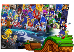 Size: 2280x1612 | Tagged: safe, artist:swirlything, arctur the dragonkin (sonic), bokkun (sonic), bunnie rabbot (sonic), cinos the anti-sonic (sonic), classic sonic, doctor eggman (sonic), grounder (sonic), johnny lightfoot (sonic), knuckles the echidna (sonic), manic the hedgehog (sonic), metal sonic (sonic), miles "tails" prower (sonic), nicky the hedgehog (sonic), princess sally acorn (sonic), scourge the hedgehog (sonic), scratch (sonic), shadow the hedgehog (sonic), sonia the hedgehog (sonic), sonic the hedgehog (sonic), zonic the hedgehog (sonic), zonik (sonic), badnik, bird, canine, chicken, chipmunk, echidna, fictional species, flicky (sonic), fox, hedgehog, human, lagomorph, mammal, monotreme, rabbit, red fox, reptile, robot, rodent, anthro, feral, humanoid, plantigrade anthro, adventures of sonic the hedgehog, archie sonic the hedgehog, sega, sonic adventure 2, sonic the comic, sonic the hedgehog (satam), sonic the hedgehog (series), sonic the hedgehog (virgin books), sonic the hedgehog adventure gamebook (penguin books), sonic the hedgehog manga, sonic the hedgehog ova, sonic underground, sonic x, 2011, amber eyes, ambiguous gender, anniversary, blue eyes, brown eyes, clothes, colored pupils, colored sclera, cyan eyes, cybernetics, cyborg, dipstick tail, eyes closed, female, fluff, glasses, glasses on head, gray eyes, green eyes, green hill zone, group, large group, male, multeity, multiple tails, one eye closed, orange tail, quills, red eyes, red tail, ring (sonic), rooster, self paradox, shoes, sneakers, soap shoes, sunglasses, super shadow, super sonic, tail, tail fluff, two tails, white tail, winking