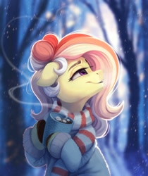 Size: 1782x2119 | Tagged: safe, artist:amishy, oc, oc only, equine, mammal, pony, feral, friendship is magic, hasbro, my little pony, clothes, coat, drink, female, food, forest, hot chocolate, lidded eyes, marshmallow, purple eyes, scarf, smiling, snow, solo, solo female, topwear, winter