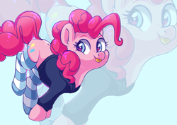 Size: 1527x1080 | Tagged: safe, artist:pucksterv, pinkie pie (mlp), earth pony, equine, fictional species, mammal, pony, feral, friendship is magic, hasbro, my little pony, 2d, blep, blue background, clothes, cute, female, fur, looking at you, pink body, pink fur, simple background, socks, solo, solo female, tongue, tongue out, ungulate, zoom layer