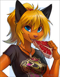 Size: 783x999 | Tagged: safe, artist:inuki, cat, feline, mammal, anthro, breasts, carnivore, clothes, eating, female, food, looking at you, meat, shirt, solo, solo female, steak, topwear