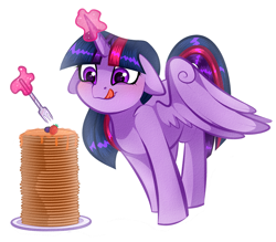 Size: 2881x2519 | Tagged: safe, artist:vetta, twilight sparkle (mlp), alicorn, equine, fictional species, mammal, pony, feral, friendship is magic, hasbro, my little pony, berry, female, floppy ears, food, fork, fruit, fur, herbivore, high res, levitation, licking, licking lips, magic, pancakes, purple body, purple eyes, purple fur, simple background, smiling, solo, solo female, spread wings, telekinesis, tongue, tongue out, white background, wings