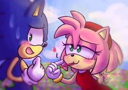 Size: 1024x725 | Tagged: safe, artist:rylxdream, amy rose (sonic), sonic the hedgehog (sonic), anthro, sega, sonic the hedgehog (series), 2020, blushing, female, green eyes, male, pocky, quills, sweat