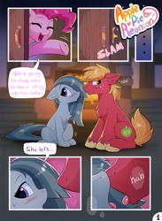 Size: 1095x1500 | Tagged: safe, artist:hioshiru, big macintosh (mlp), marble pie (mlp), pinkie pie (mlp), earth pony, equine, fictional species, mammal, pony, feral, comic:apple pie reunion, friendship is magic, hasbro, my little pony, blushing, chest fluff, comic, dialogue, english text, female, fluff, fur, gray body, gray fur, green eyes, kissing, male, male/female, marblemac (mlp), purple eyes, red body, red fur, shipping, sweat, talking
