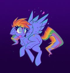 Size: 983x1024 | Tagged: safe, artist:confetticakez, equine, fictional species, mammal, pegasus, pony, feral, friendship is magic, hasbro, my little pony, blue body, blue fur, chest fluff, female, floppy ears, fluff, flying, fur, hair, hooves, mane, purple eyes, rainbow hair, rainbow mane, rainbow tail, solo, solo female, sparkly tail, spread wings, tail, tongue, tongue out, underhoof, wings