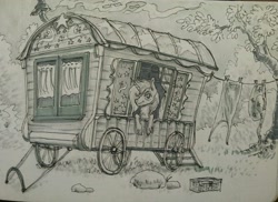 Size: 2928x2136 | Tagged: safe, artist:kovoranu, trixie (mlp), equine, fictional species, mammal, pony, unicorn, feral, friendship is magic, hasbro, my little pony, chest fluff, female, fluff, high res, looking at you, smiling, solo, solo female, traditional art, wagon